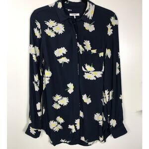 Ganni Navy Blue Daisy Flower Long Sleeve Silvery Crepe Blouse 34 Cute Simple